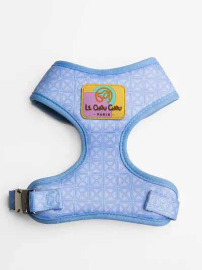 Bleu d’Azur dog harness in light blue geometric pattern with silver hardware – Le ChouChou Paris