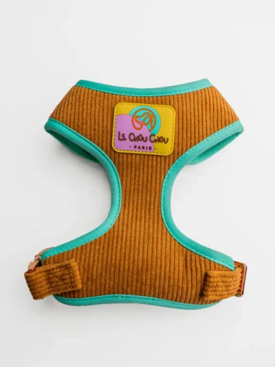 harnais-de-luxe-chien-le-chouchou Caramel Moka dog harness in corduroy texture with turquoise trim – Le ChouChou Paris