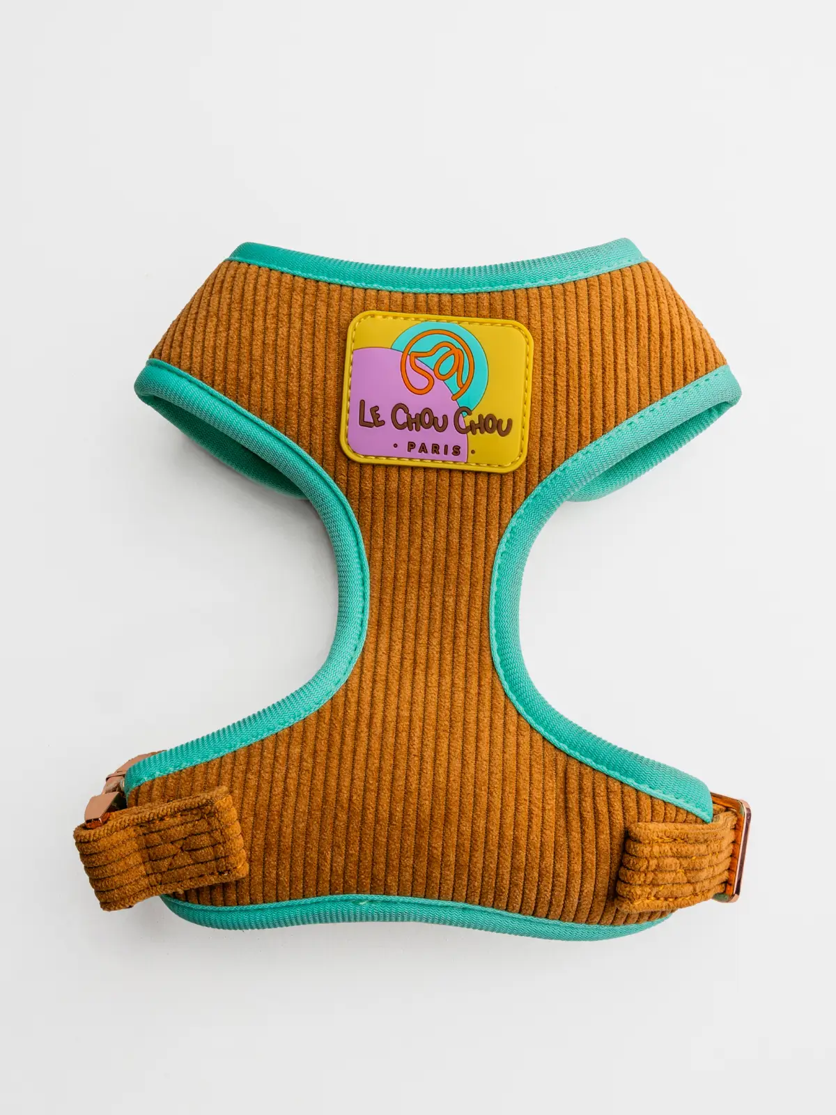harnais-de-luxe-chien-le-chouchou Caramel Moka dog harness in corduroy texture with turquoise trim – Le ChouChou Paris