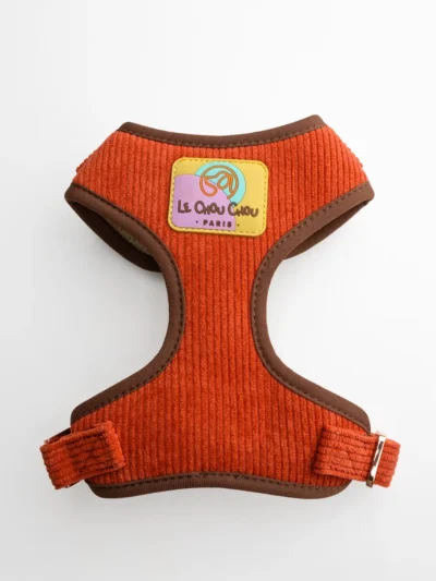 luxury-corduroy-dog-harness Moulin Dogue dog harness in terracotta corduroy with dark brown trim – Le ChouChou Paris